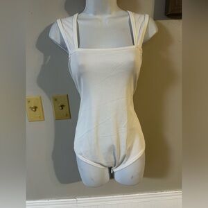 White Ribbed Square-Neck Tank Bodysuit